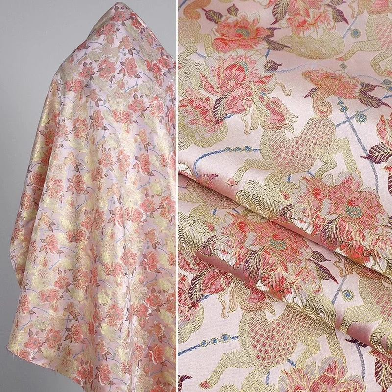 

Розовая парча Kylin Peony, жаккардовая ткань с золотой нитью для новой куртки в китайском стиле, жилета Hanfu, детская одежда, одежда