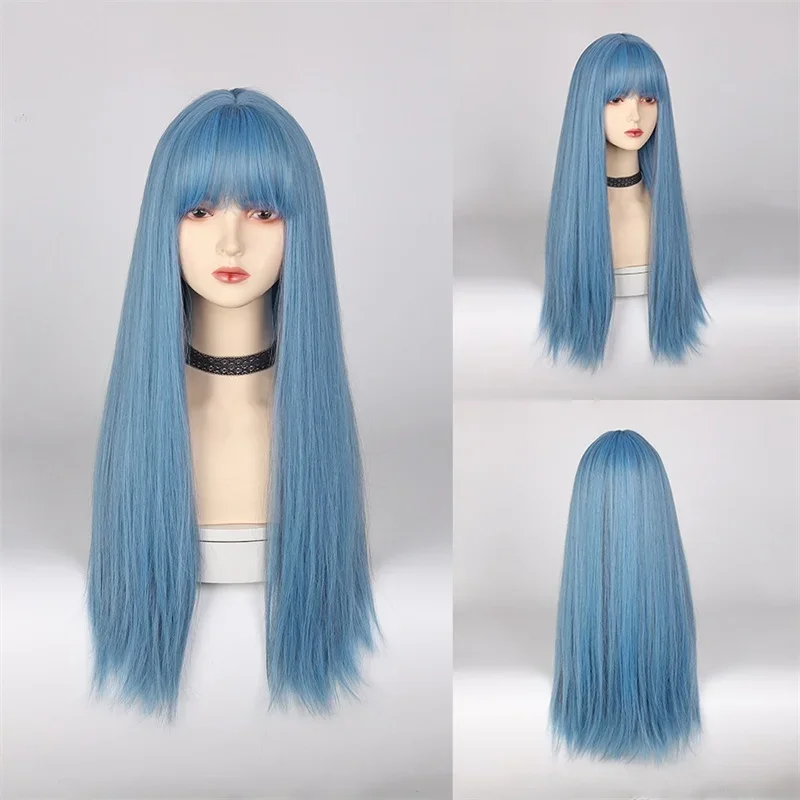 

70CM Synthetic Wig High Quality Long Straight Wig for Women Cosplay Neat Bangs Peluca Burgundy Blue Red