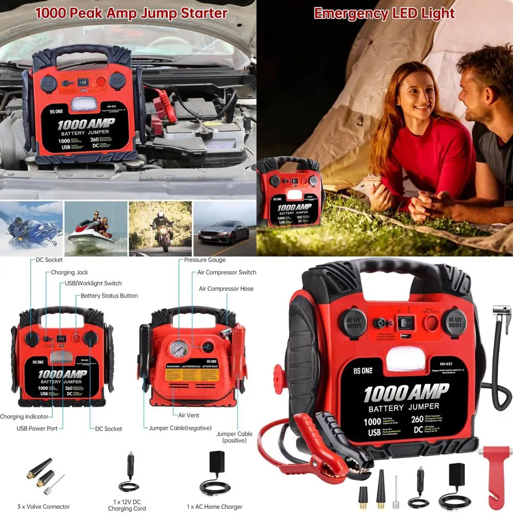 

1000 Amp Peak Current Car Jump Stater, 12V Lead Acid Battey Jump Box with 260PSI Air Compressor, Jump Starter Battery Pack with