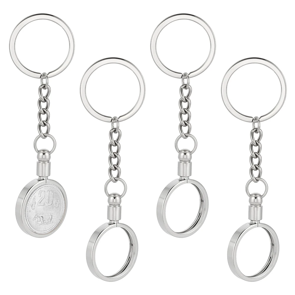 4PCS Holder Keychain 0.9 Inch Round Platinum Medallion Holder Alloy Key Ring for Challenge Collectible Tokens Commemorative