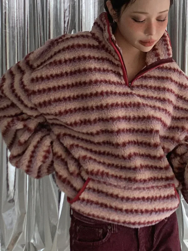 Inverno Nuovo Allentato Pigro Sle delle Donne Retro Strisce Rosse Del Collare Del Basamento di Pelliccia di Agnello Felpa Jaet Thiened Fibra di Poliestere
