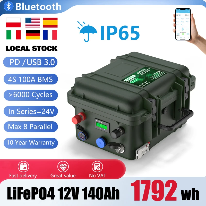 Batterie LiFePO4 12V 140Ah 100Ah 1280Wh 1792Wh Bluetooth BMS 6000+ Cycles Grade A pour bateau de pêche IP65 USB QC Charge EU Sans Taxe