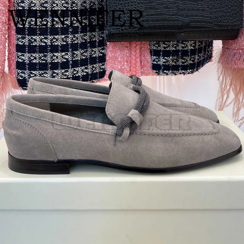 Soft Suede Classic Penny Loafers Round Toe Chain-embellished Flats Shoes Neutral Ladies Outdoor Comfortable Casual Oxford Shoes