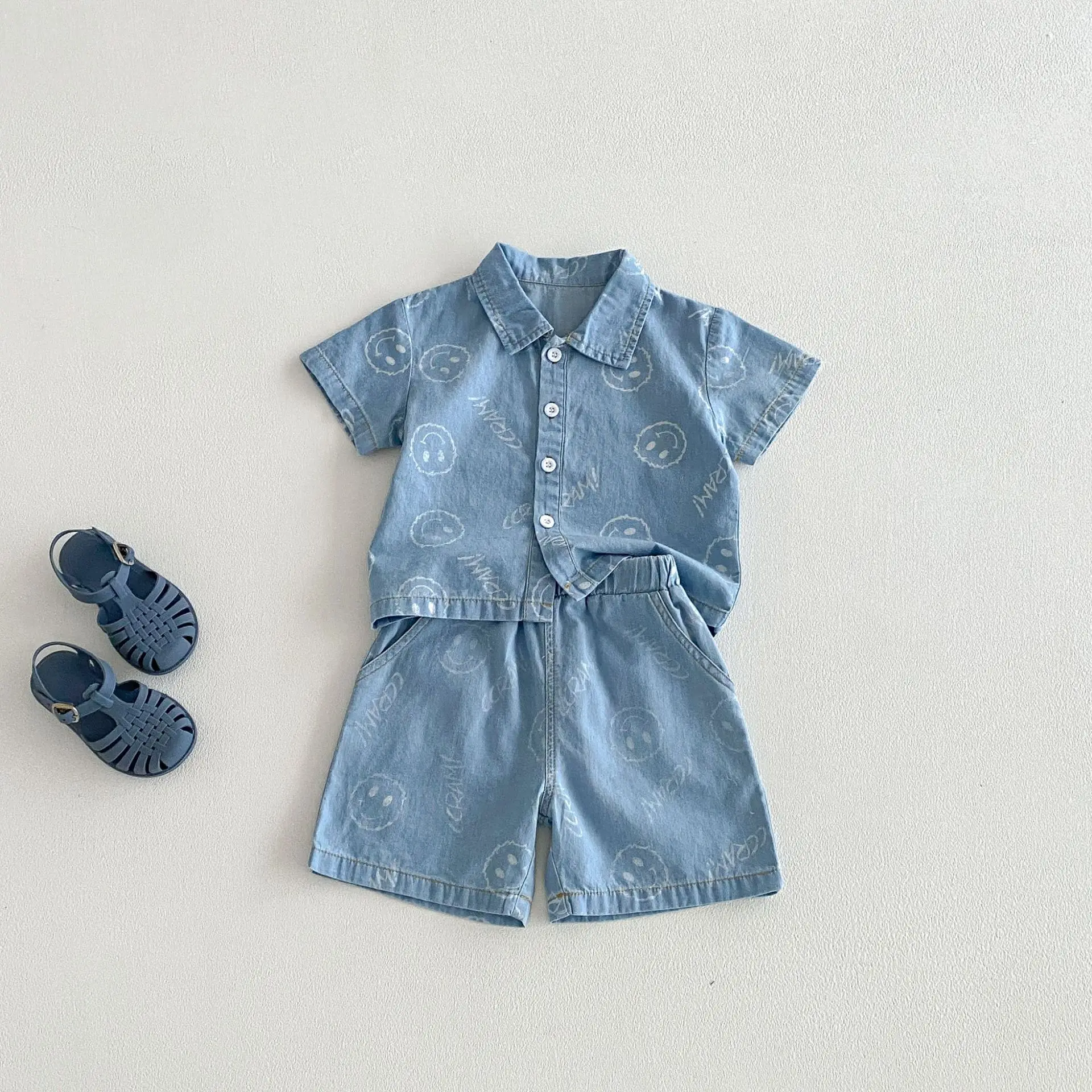 

2026 Summer New Children Short Sleeve Denim Clothes Set Boys Girls Cartoon Print Lapel Cardigan + Shorts 2pcs Suit Kids Outfits