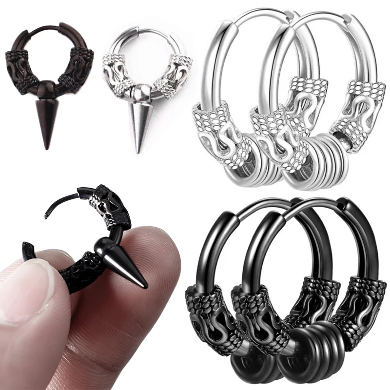 1pcs Classic Stainless Steel Hoop Earrings for Men Hip Hop Earring for Women Dragon Pattern Earrings Punk Gothic Jewelry Gift