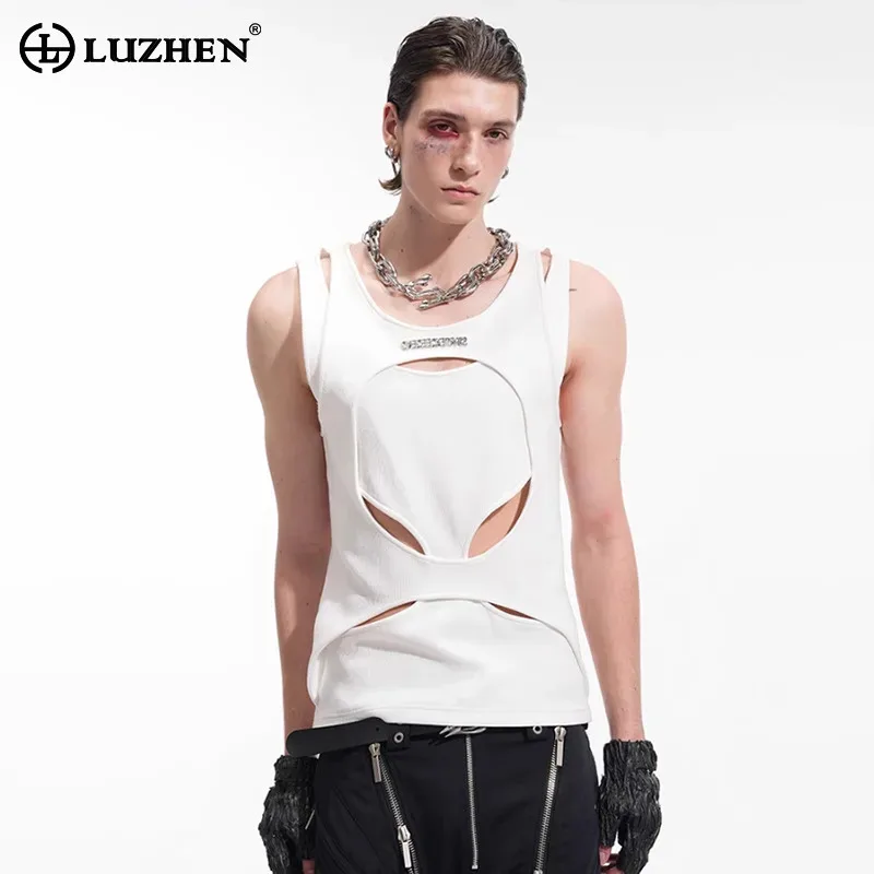 

LUZHEN Hollow Design 2025 Out Summer Solid Color Personalized Sleeveless T-shirts Men's Stylish Luxury Street Casual Tops JY2674