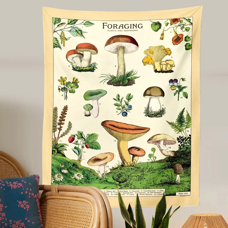 Foraging plants and mushrooms Tapestry Retro Poster Flower Mushrooms Illustrative Reference Chart Tapestry Wall Hanging for Room