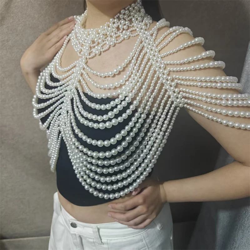 Damen-Top, mehrschichtige Perlen-Körperkette, handgewebter Schal, Harness, Braut- und Abendkleid-Accessoire, Party-Top, Damenbekleidung – Detail 6