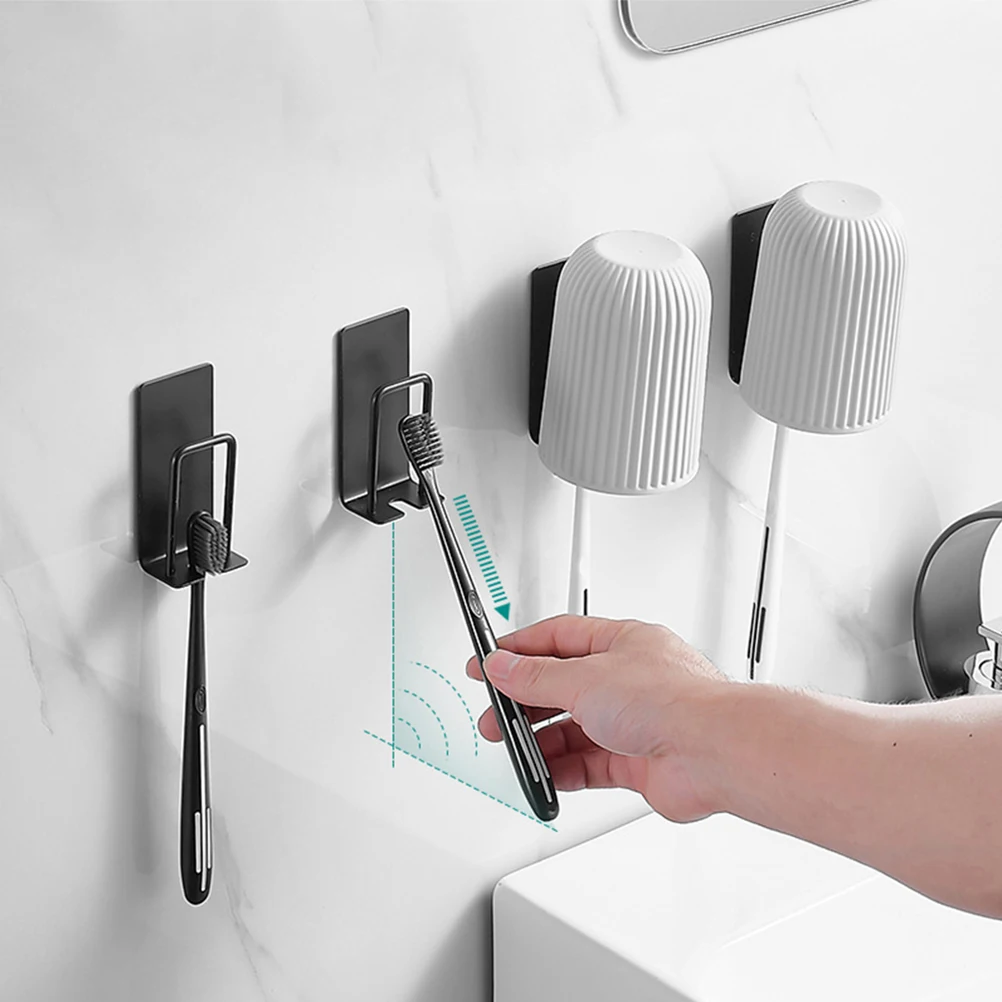 

2 pcs Stainless Toothbrush Holders Wall Mounted Adhesive Brush Cup Storage Rack Waterproof For Electric Adult