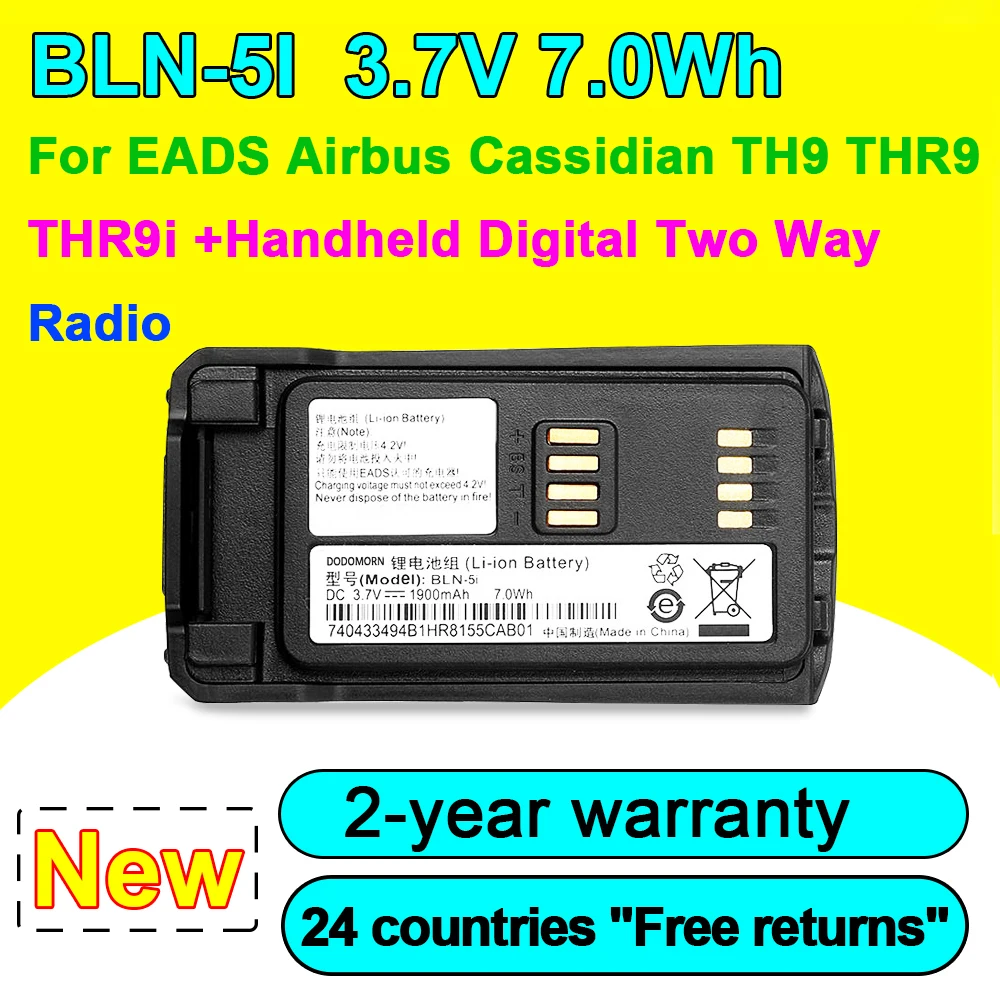 New BLN-5i Rechargeable Li-ion Battery For EADS Airbus Cassidian TH9 THR9 THR9i+Handheld Digital Two Way Radio 3.7V 1900mAh 7Wh