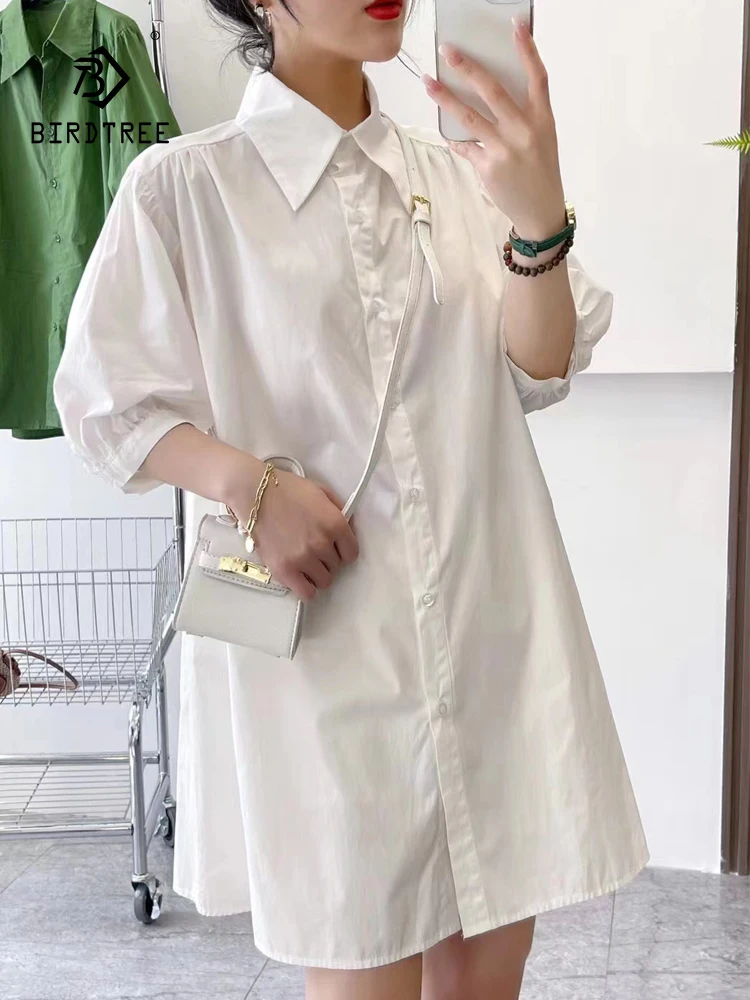 

New Summer Cotton Casual OL Shirt Women Lapel Half Sleeve Literature Tops Girl Loose Vintage Long Blouses 2024 Autumn T45857QC