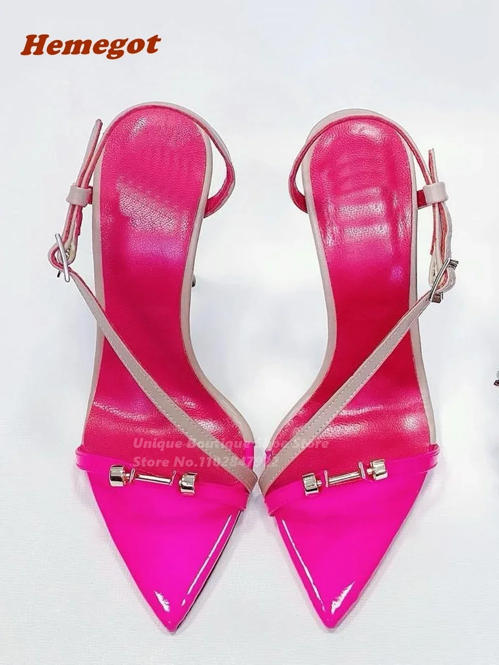 Mixed-color Metal Pointy Toe Sandals Buckle Slingback Stiletto Heels Women's Sandals Patchwork 2025 New Arrival Large Size 46