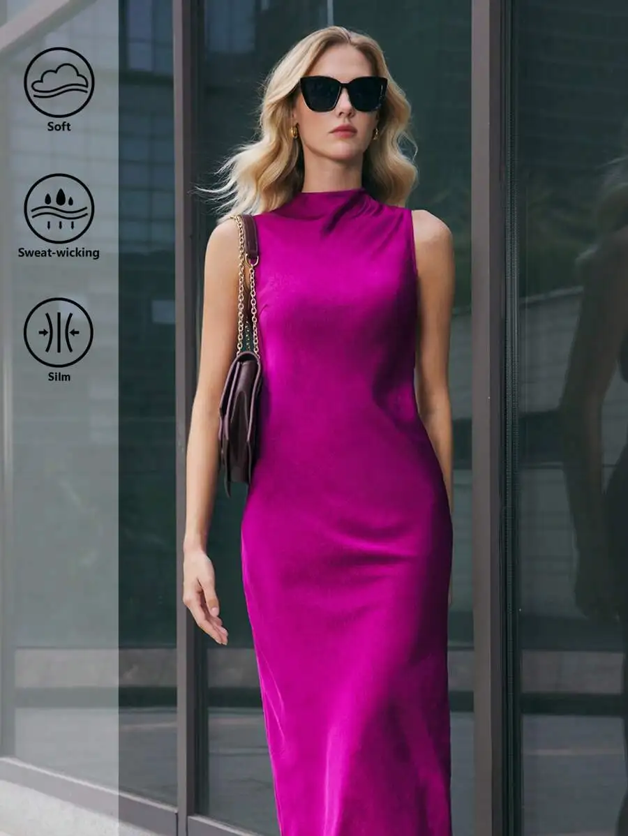 

Элегантное атласное платье миди без рукавов с высоким воротником цвета фуксии, приталенного силуэта, для офиса или вечерних мероприятий