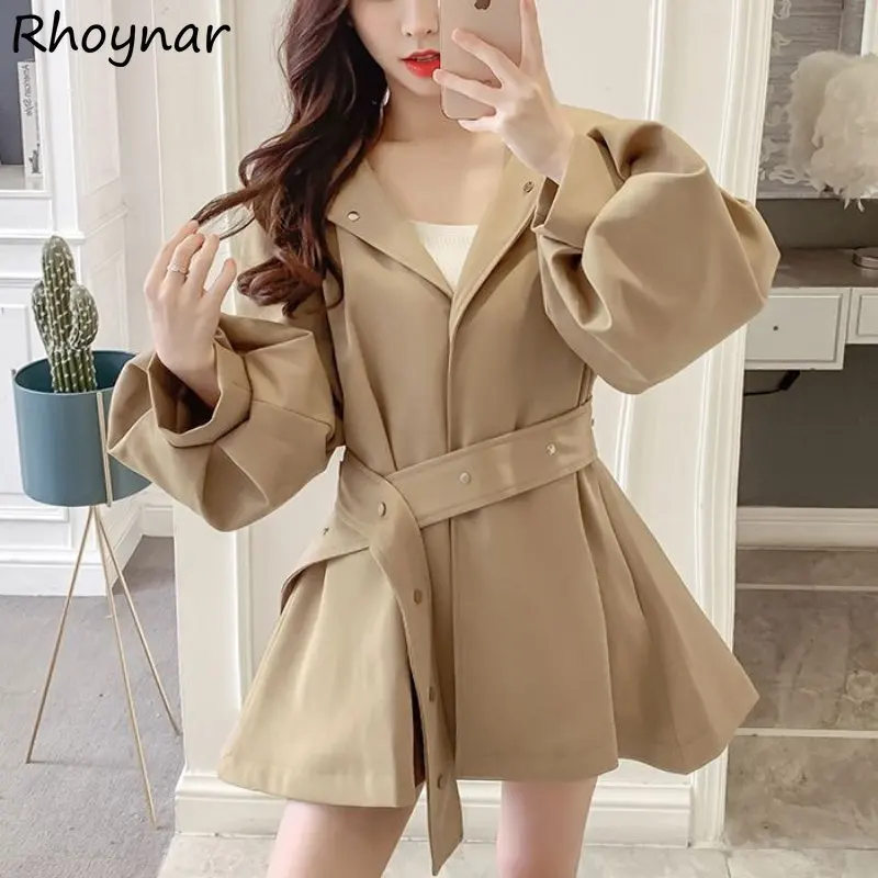 

Hooded Trench Coats Women A-line Temper Minimalist Elegant Korean Stylish Clothing Lantern Sleeve Pure Vintage Ladies Windproof