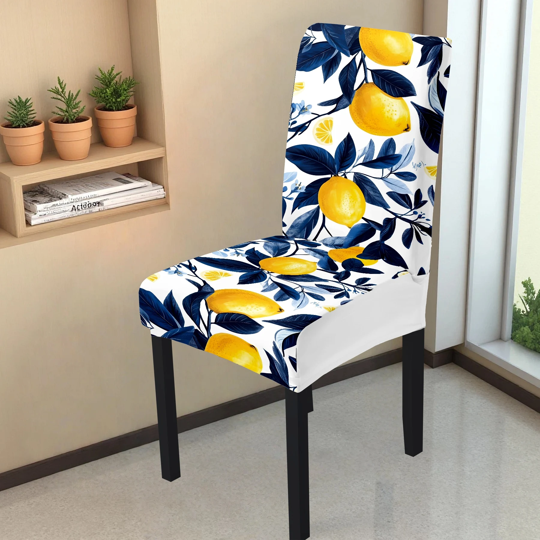 2026 Summer Outdoor Chair Cover, Lemon & Blue Leaf Print Elastic Stretch Chair Slipcover, Washable Fade - R
