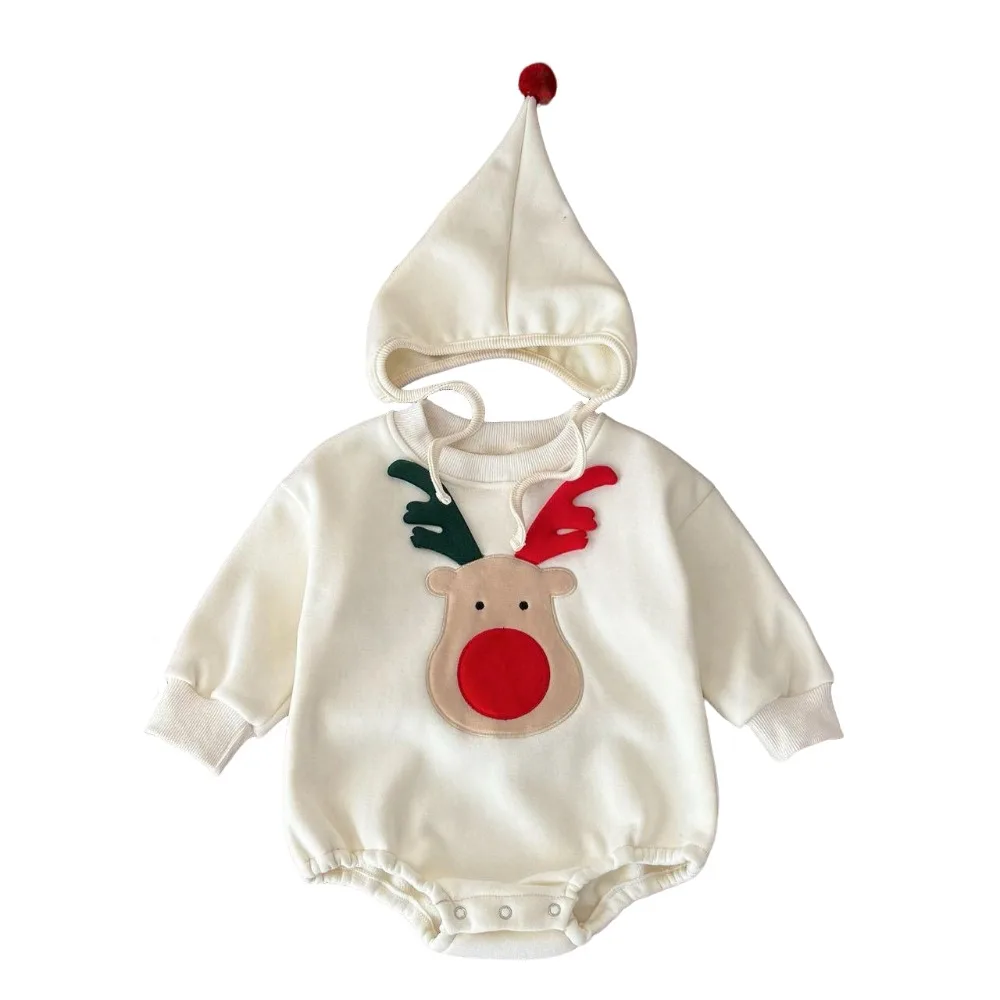 

Cute Deer Embroidery Baby Christmas Romper Thicken Cartoon Newborn Bodysuits with Hat Newborn Clothes Boys Girls