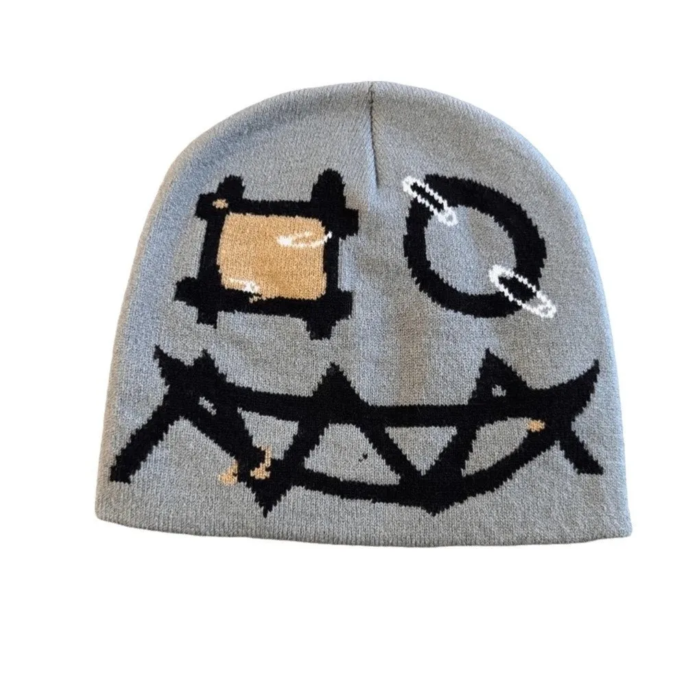 Printed Pattern Printed Pin Beanie High Elasticity Winter Warmth Demon Face Hat Flat Design Acrylic Yarn Ghost Mask Cap Teens