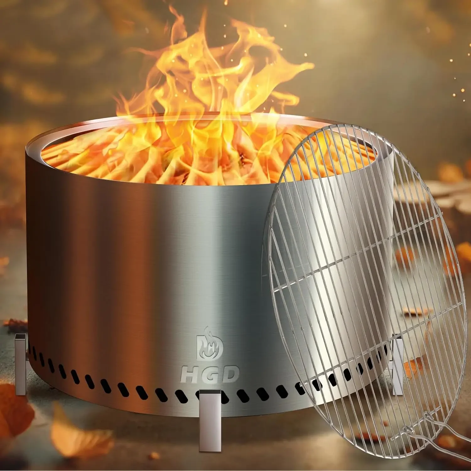 28 Inch Smokeless Firepit with Stand & Grill Rack, Large Stainless Steel Fire Pit, Wood Burning Firepit for Patio Garden