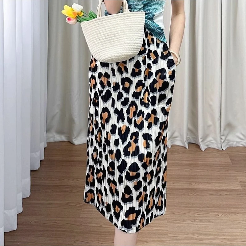 Retro Harajuku Leopard Print Pleated Skirt Luxury Women Clothes Elastic High Waist Design Mid-length Skirts Spring Summer Skirt