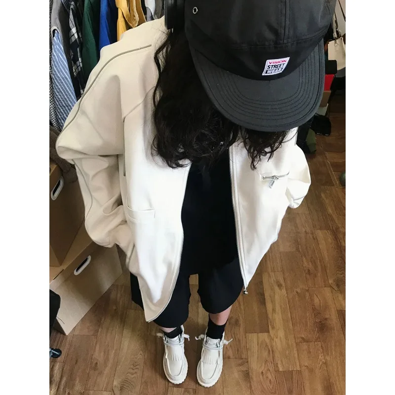 Lederjacke für Frauen verdickt faulen Stil losen Mantel Retro einfarbigen Revers mit Reiß verschluss College-Stil High Street