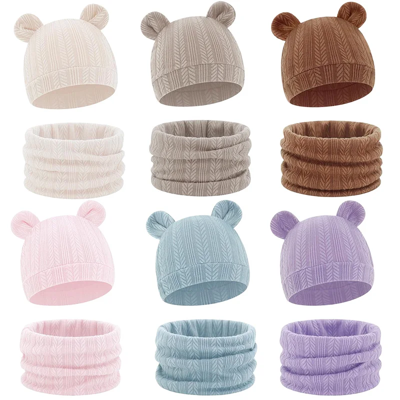 

Cute Bear Ear Baby Hat Scarf Set All Seasons Newborn Beanie Solid Color Hats Neck Warm Scarves New Infant Accessories 2pcs