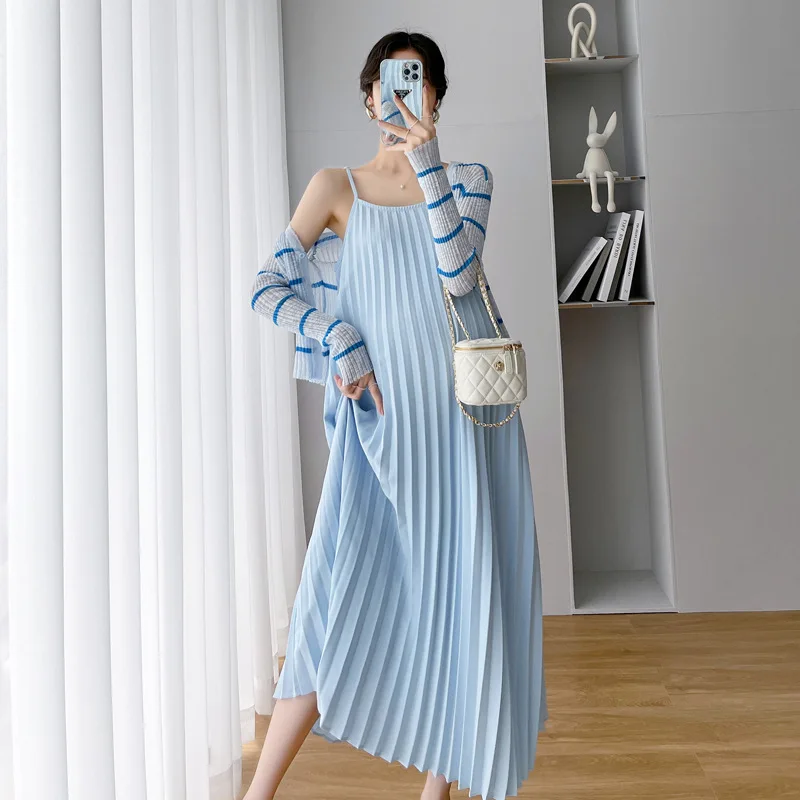 2024 Maternity Summer Dress & Sunscreen Shirt 2 Pieces Set Sleeveless Pregnancy Beach Dress Holiday Clothes Pleated Slip Dress