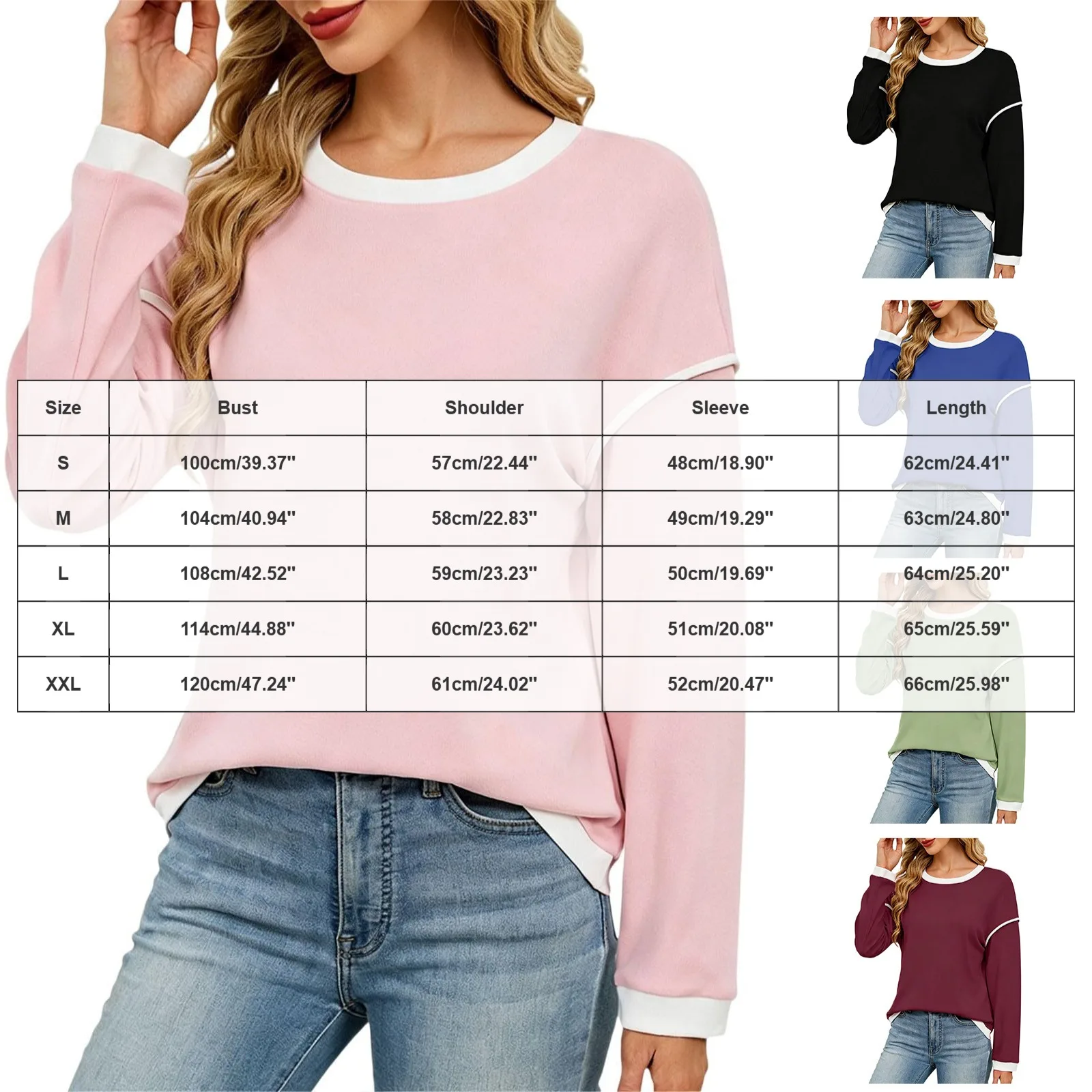 Sweatshirt For Women Contrast Crewneck Pullover Solid Color;contrast Binding;classic Basic;casual Chic;soft Cute Baggy Shirt