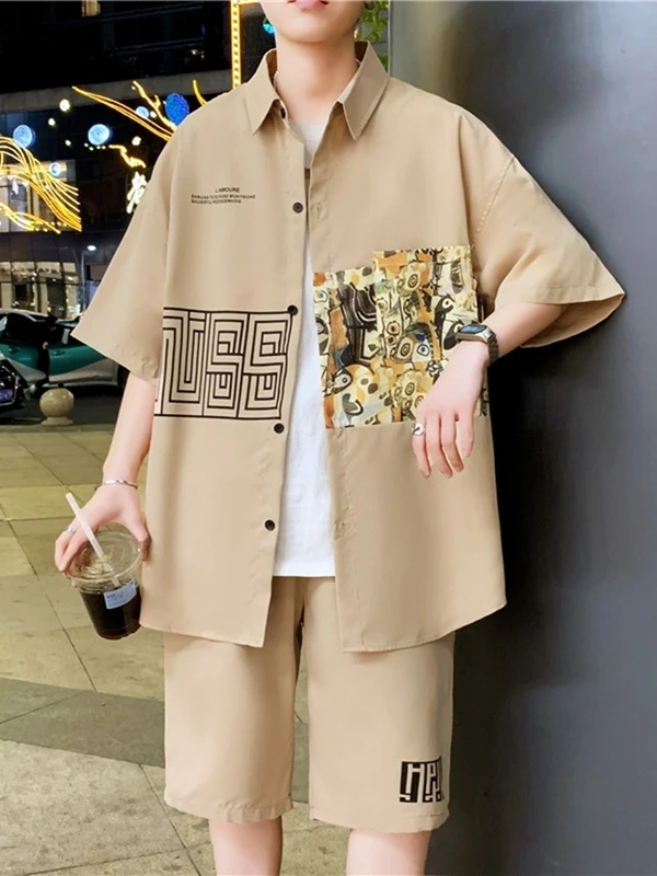 

Летний мужской комплект ort Sve irt Color Blo Set Special Haome Свободный крой Молодежный Модный Прохладный Feeling Тонкое полиэфирное волокно