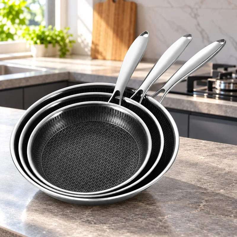 Set of 3 Nonstick Stainless Steel Fry Pans 20/24/28cm, PFOA-Free and Dishwasher-Safe Cookware