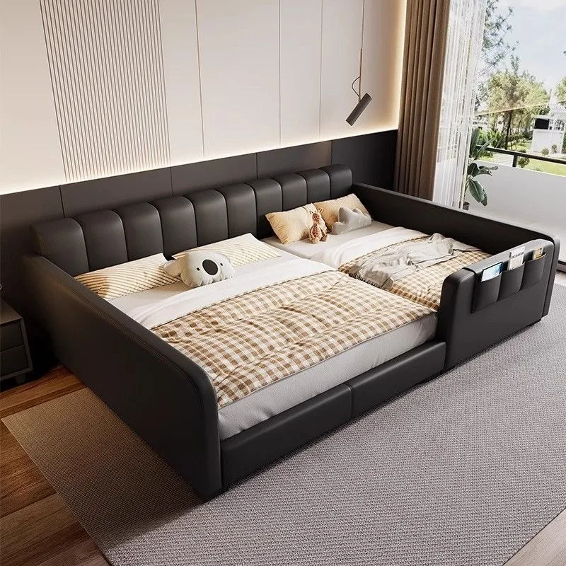 A family of three spliced widened twin-bed combination tatami guardrail bed