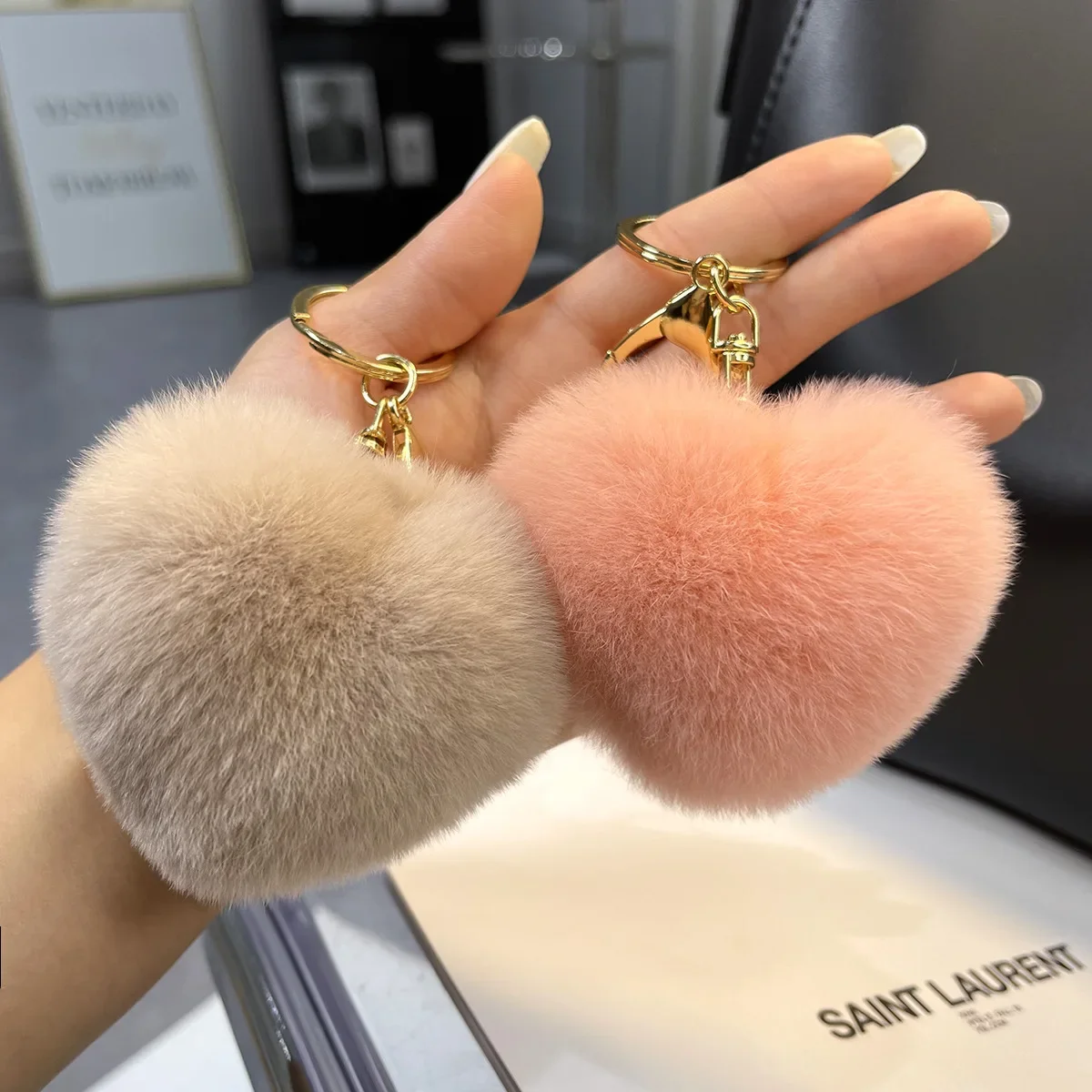 

True Otter Rabbit Hair Love Car Keychain Pendant Cute Plush Hair Ball Bag Pendant Heart Shaped Birthday Gift for Women