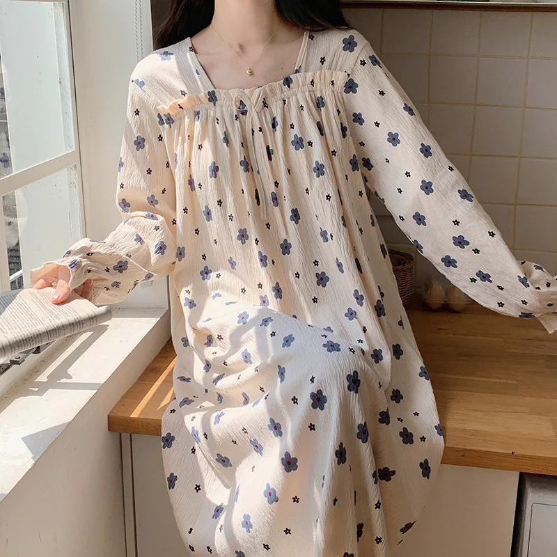 Kawaii Princess Nightdress Sleepwear for Women Ladies Nightgowns Spring Autumn Large Homesuit Roomwear Flower Cartoon Casual
