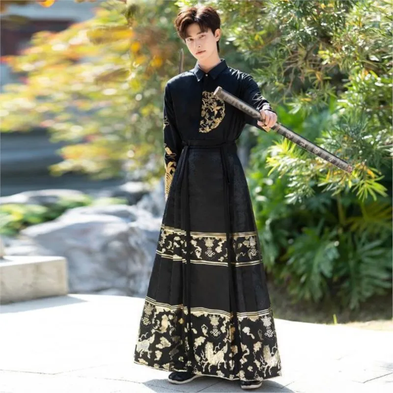 

Exquisite Flowers Chinese Style Embroidery Shirt Men's Long-Sleeved Woven Gold Skirt Hanfu Martial Arts Women's Suit