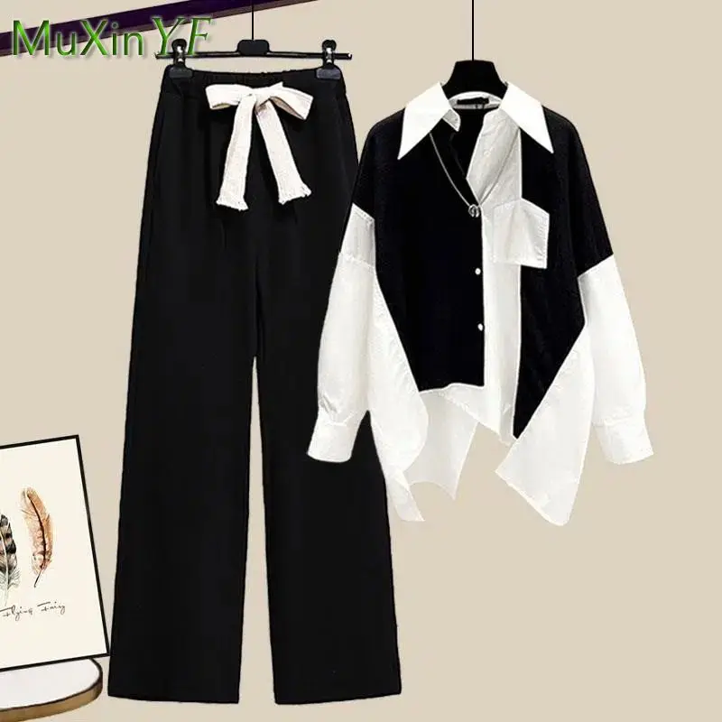 

2022 Autumn New Fashion Casual Wide-leg Pants + Stitching Shirt Top Two-piece Women's Korean Elegant Loose Blouse Trousers Suit