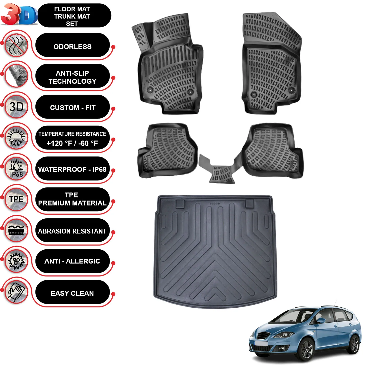 Seat Altea XL - (2006-2015) - Floor Mats + Cargo Trunk Liner - SET - (Black)