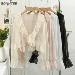 Ruffles Blusas Mulheres Bandage Doce Chique Verão à prova de sol Flare Manga Princesa Estilo Coreano Moda Ulzzang Ladies Temperamento