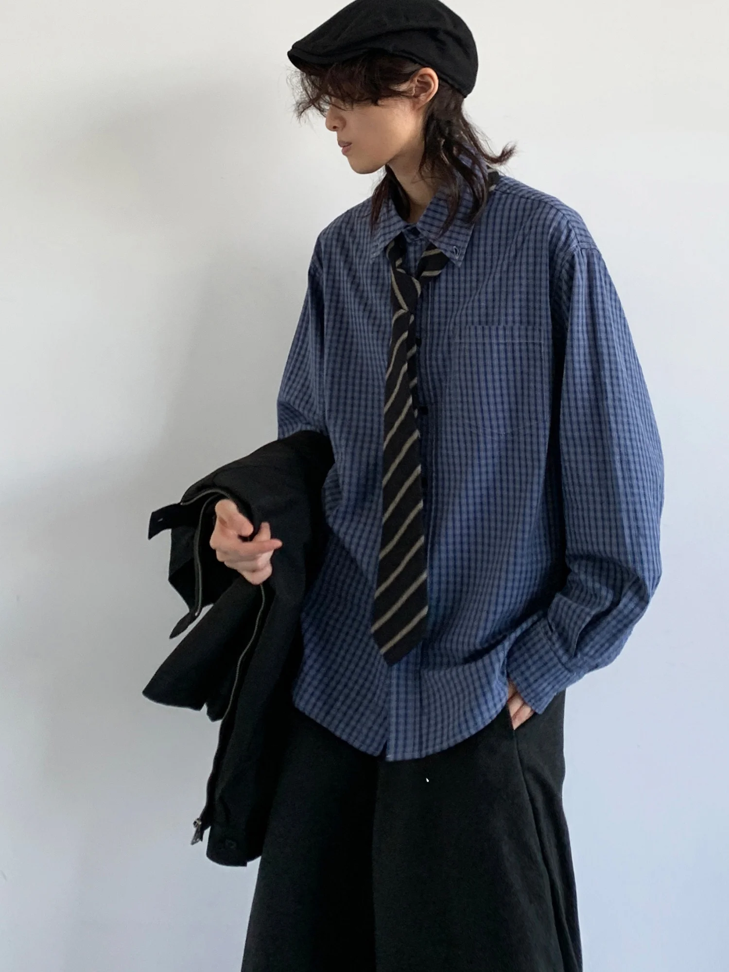 

Retro Blue Plaid Long Sve irt ex Casual Loose Sle College Campus Casual Outerwear Spring Autumn Seasonal Faion