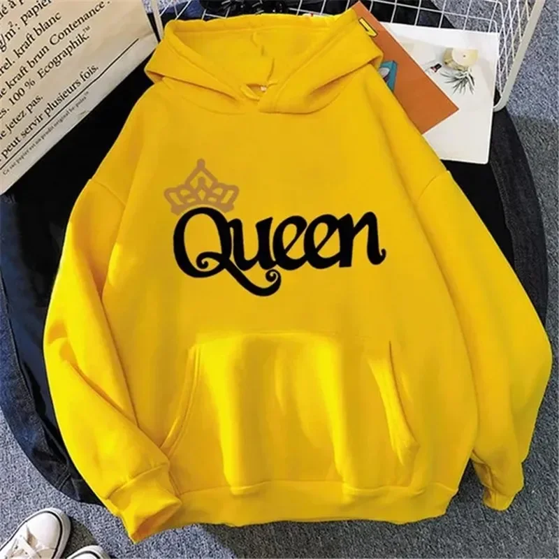 Women QUEEN Print Hoodies Autumn Fleece Hooded Sweatshirts Casual Sport Pullover Tops Outer Wear S-4XL