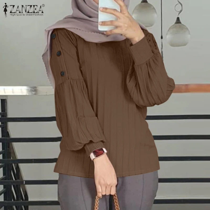 

Muslim Women Modest Fashion Ribbed T-Shirts Hijab O-Neck Lantern Sleeves Solid Color Casual Tops ZANZEA Islamic Woman Clothes