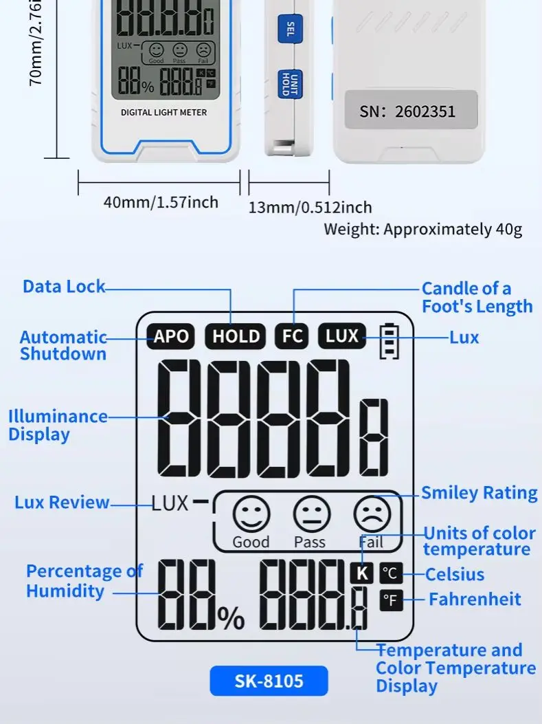 SNAKOL SK-8105 Light Meter Portable Mini Digital Illuminance Meter with Ambient Humidity and Temperature Meter Lux Tester