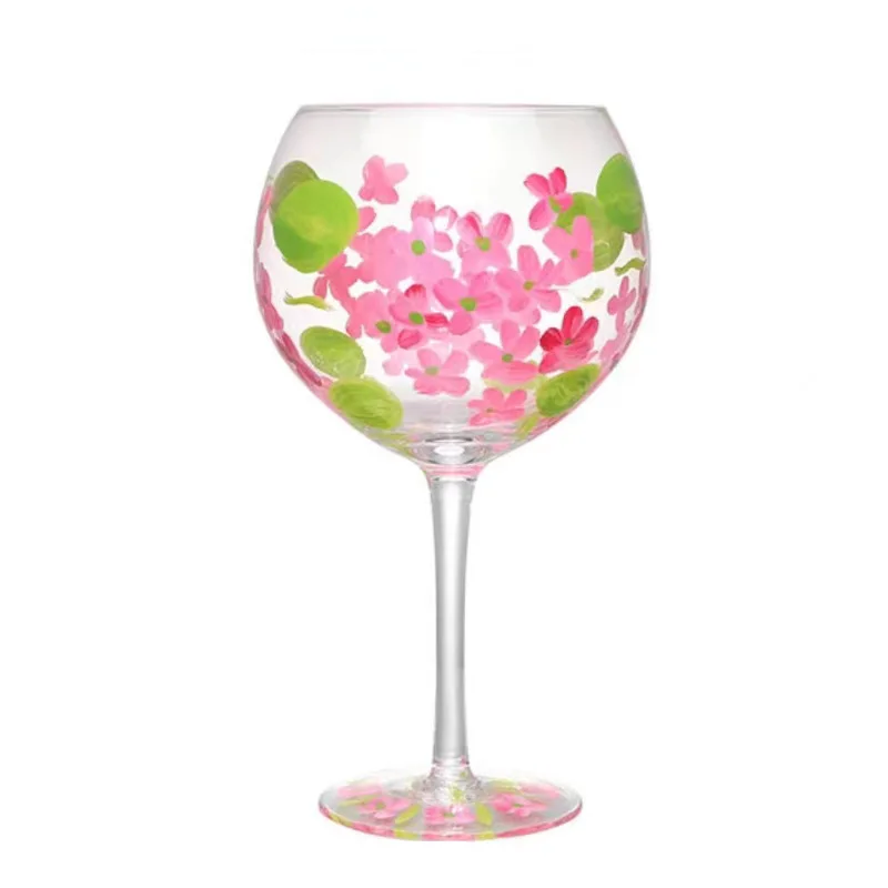 Pink Purple Crystal Glass Hand-Painted Floral Goblet Red Wine Glass Chinese Antique Wine Glass