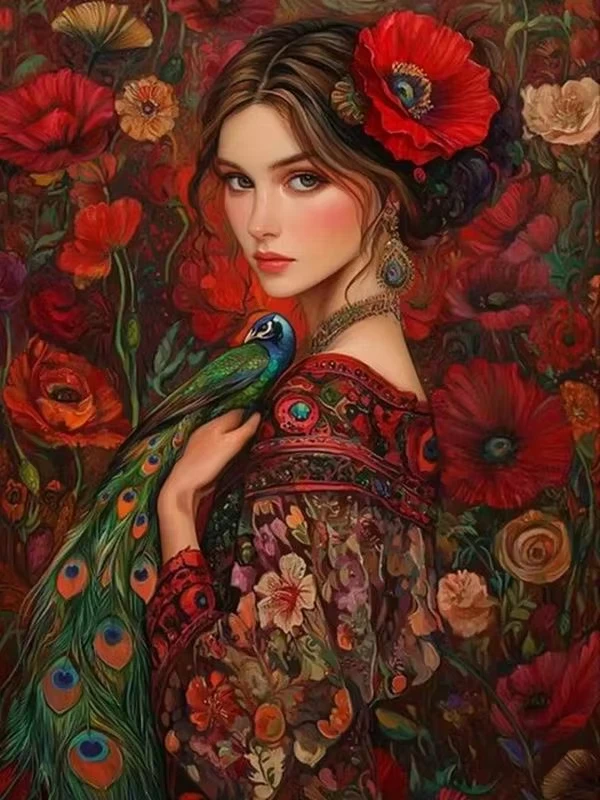 

DIY Beatiful Woman With Peacock &Red Flowers Jigsaw Puzzle, Rich Floral Vintage Art Interior Decor Present
