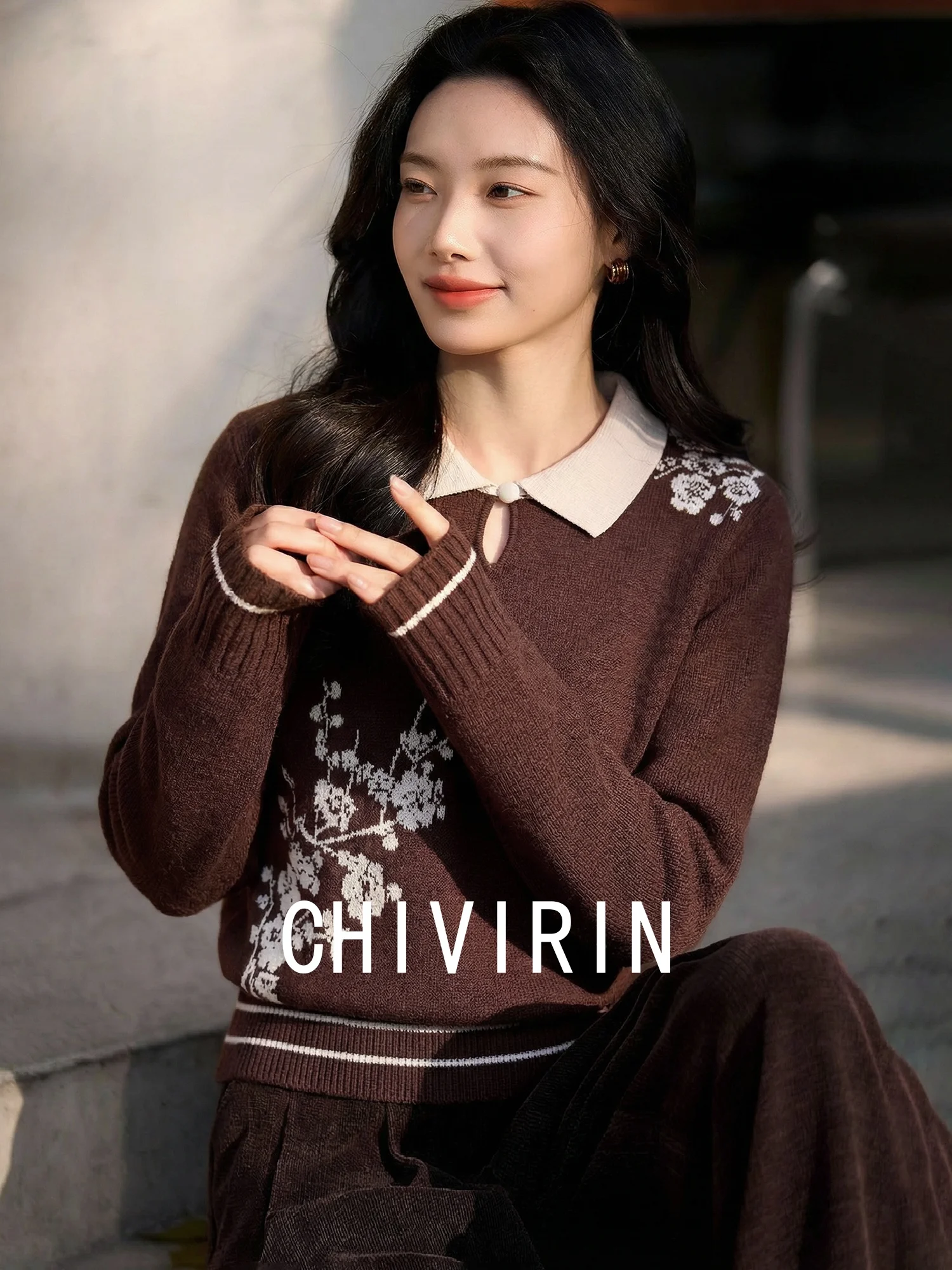 

Chivirin Ele Floral Ne Long Sve Knitted Sweater Women Spring Autumn Outerwear Casual Faion Soft Polyester Blend