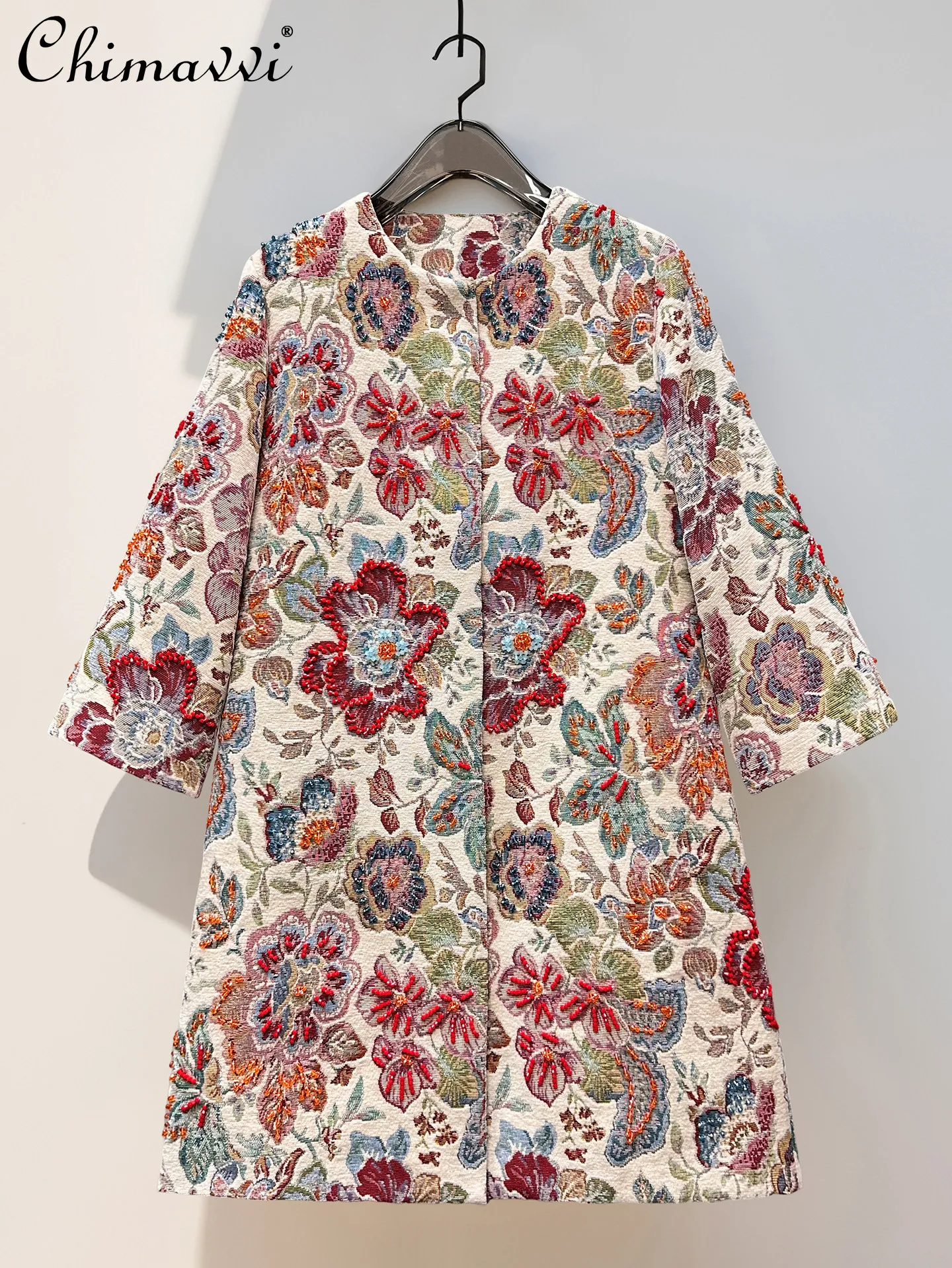 

French Fashion Elegant Heavy Industry Beading Embroidery Round Neck Long Sleeve Loose Casual Long Trench Coat for Women Jackets