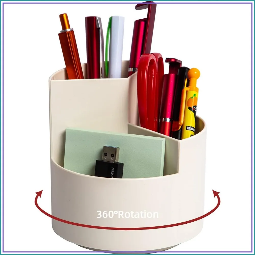 360° Spinning Desk Organizer, 3-Slot Pen Holder for Office School Supplies, Cute White Storage Cup