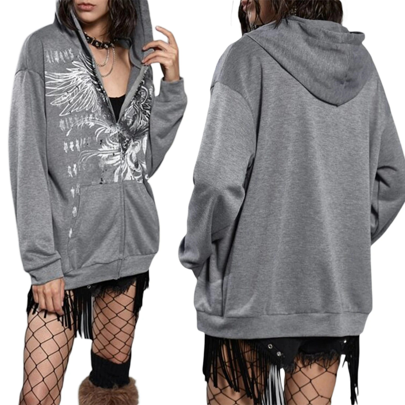 

Women's Autumn Casual Sweatshirt Jacket Long Sleeve Wing Print Zip Up Hooded Outerwear Spring Clothing