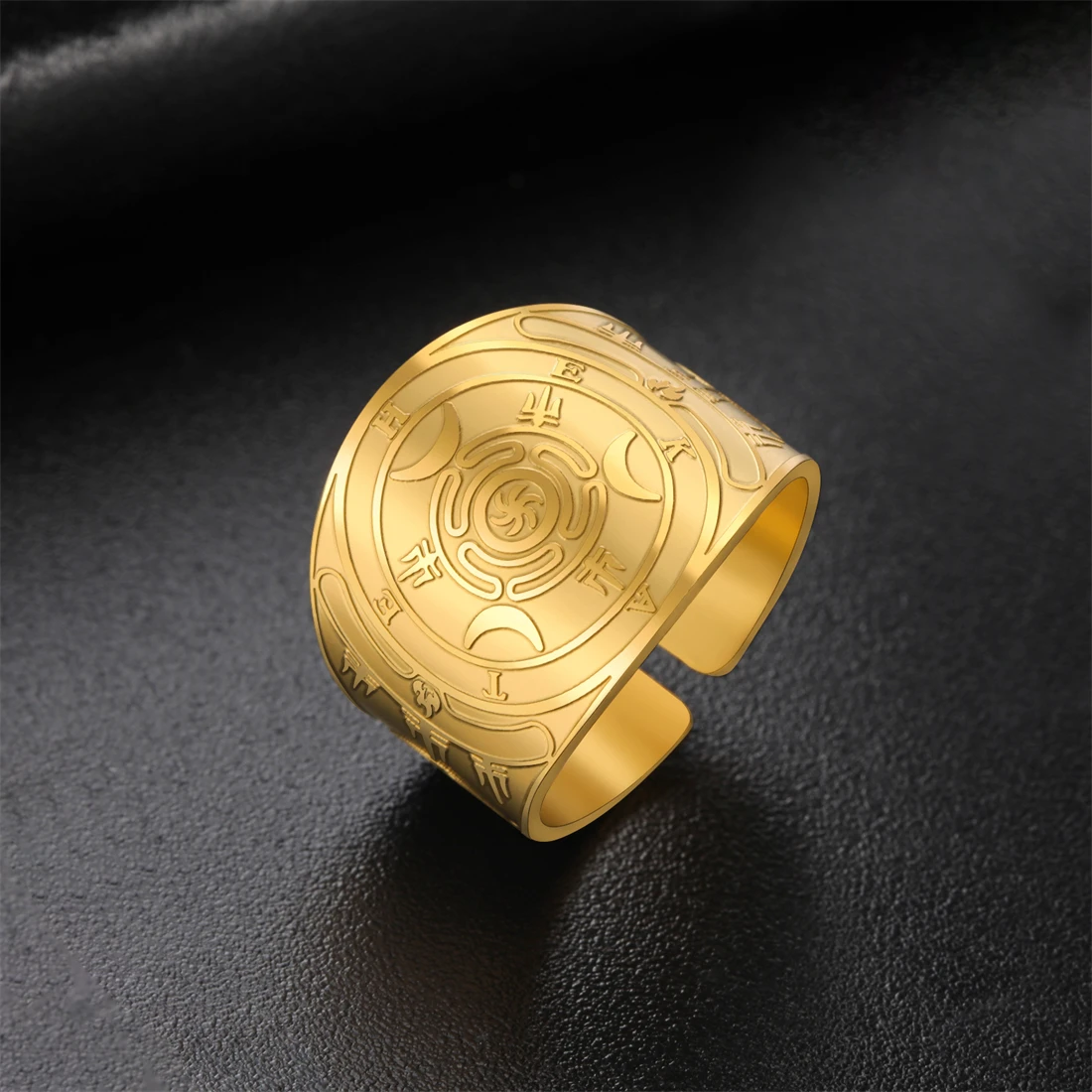 Stainless Steel Hecate Moon Trident Flame Special Symbol Open Ring Ancient Greek Goddess Men and Women's Day Gift
