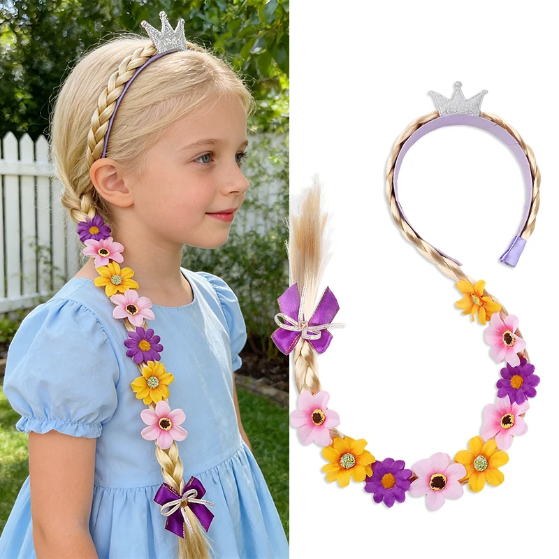 Princess Girls Flowers Headband Fairy Dress Up Weaving Long Braid Wig Headband Kids Unicorn Birthday Party Cosplay Head Wear