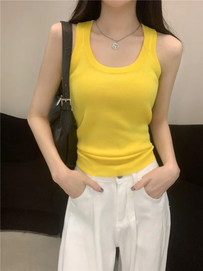 Débardeur rétro américain pour femme, vêtement intérieur amincissant d'été, haut jaune sexy sans manches, inscription 'No Sve Work'