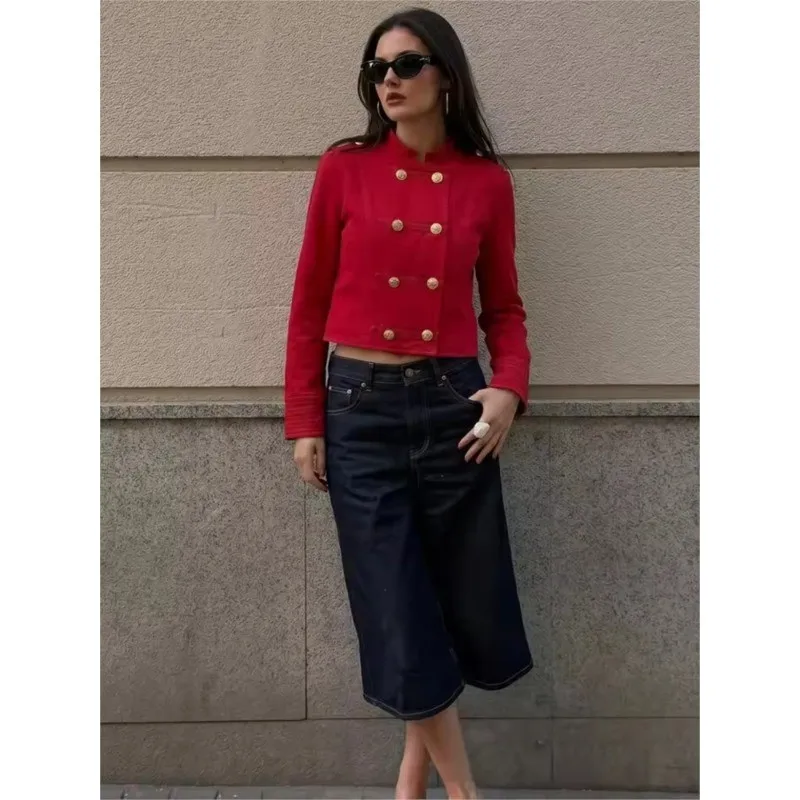Red Cropped Jacket Double-Row Button Trim Slim Fit Stand Collar Shoulder Epaulets Vintage Street Style Spring Outerwear